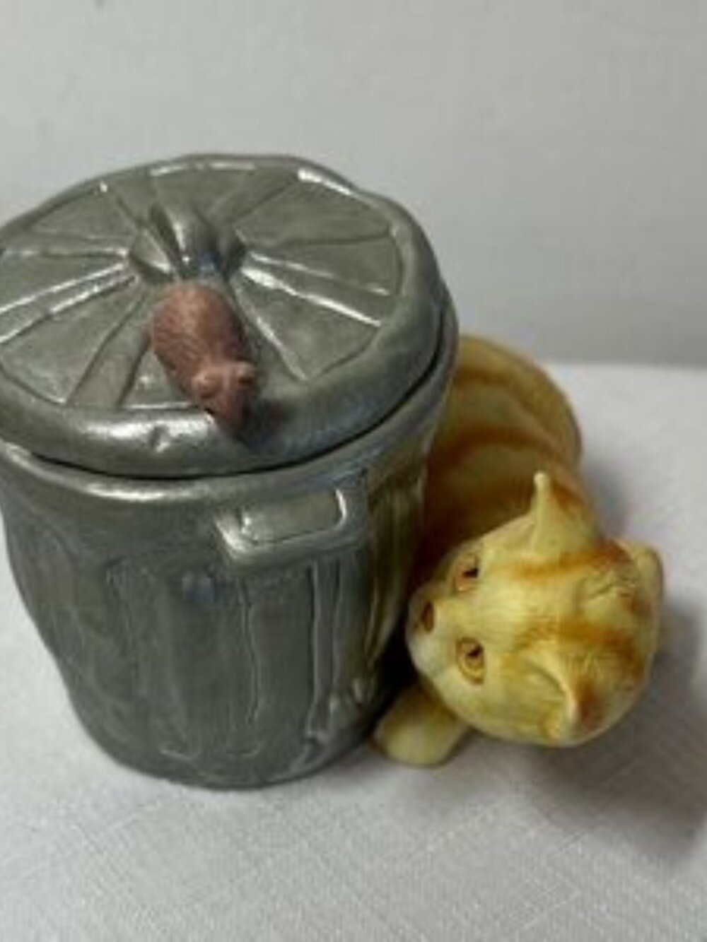 Enesco Gray Trash Can with Orange Cat and Brown Mouse Figurine